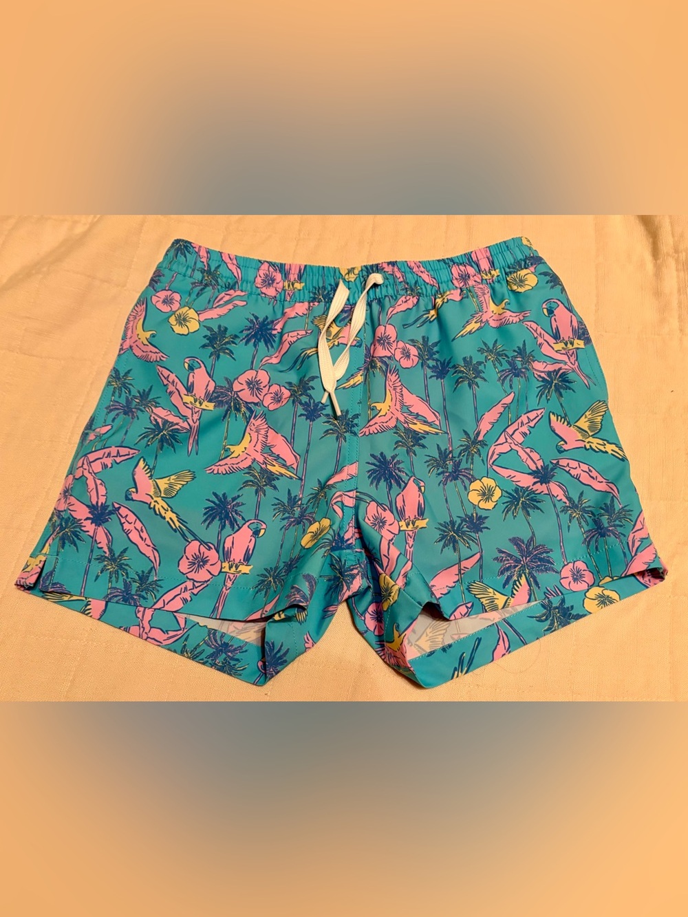 chubbies kids medium (10/12) Turquoise Shorts with Pink Parrot & Yellow Flowers